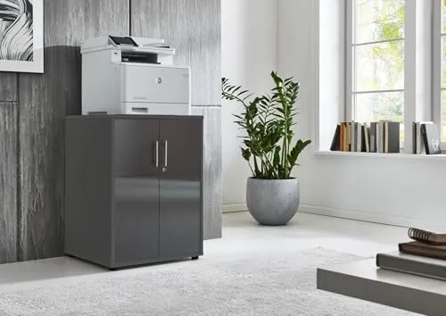BMG Möbel Druckerschrank Bürokommode 74 cm hoch mit 2 Türen, 3 Einlegeböden, optimal als Erweiterung für Schreibtische wählbar in 18 verschiedenen Farbkombinationen (Anthrazit/Anthrazit Hochglanz)