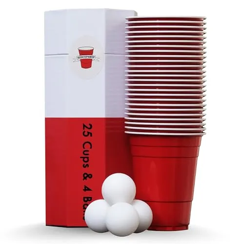 RedCupShop® Red Cups | 25 Rote Beer Pong Becher & 4 Bälle | Spülmaschinenfest & Wiederverwendbar | 473ml Plastikbecher | Kultige redcups für Partys, Geburtstag & Beer Pong