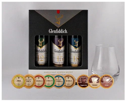 Glenfiddich Single Malt Whisky 3 Flaschen je 50ml + Glas + 9 Edelschokoladen
