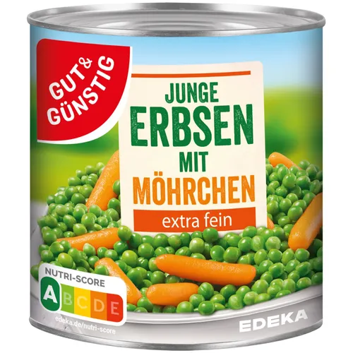 Gut&Günstig Junge Erbsen mit Möhrchen extra fein 800g - Obst- & Gemüsekonserven, zarte Erbsen kombiniert mit feinen Möhrchen – perfekt für eine schnelle, gesunde Beilage!