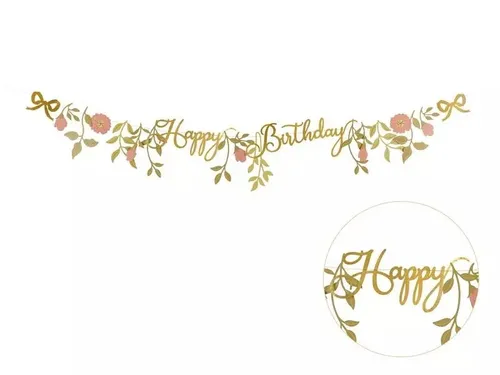 Baner Happy Birthday kwiaty różowo złote 1.3m PartyDeco 5904555080072