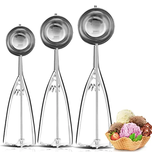 Eisportionierer und Eislöffel, 3 Stück Edelstahl Cookie Scoop Set, Klein 4cm, Mittel 5cm, Groß 6cm, Keksportionierer, Speiseeis- und Eiscremelöffel mit Auslöser