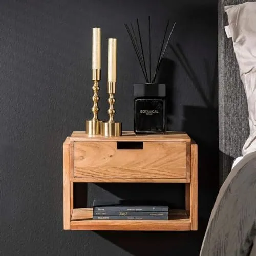 RINGO-Living Massivholz Nachttisch Schwebend Mit Ablage & Schublade, Akazie Industrie Stauraum Vintage Style, Nachtschrank Holz, Echtholz