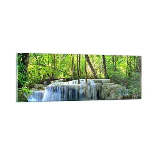 Panorama Bilder auf Glas Wasserfall Wald Umwelt Glasbild 90x30cm Wandbilder Dekoration Wohnzimmer Schlafzimmer Küche Klein Wanddeko Bild im Glas Wand Kunstdruck Art Modern Wall Decor GAB90x30-2664