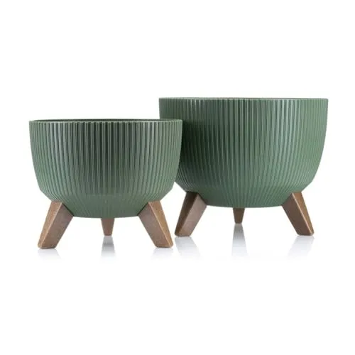 HowHomely 2X Grün Blumenkübel | Deko Blumentopf mit 3 Beinen | Langlebige Übertopf für Wohnzimmer oder Garten | Set aus 2 Blumenübertopf (18x29cm & 15x24cm)