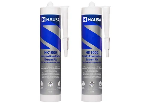 Hausa Klebstoff Konstruktionskleber HK1000 - Klebstoffe für Innen- und Außenanwendungen, ideal für eine Vielzahl von Materialien wie Holz, Glas und Metall. Hohe Tack-Festigkeit für zuverlässige Montagen.