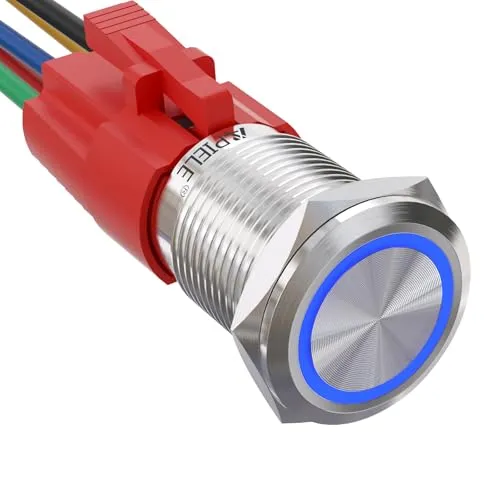 APIELE 16MM Verriegelung Druckschalter 12VDC 5A, Edelstahl mit LED Ringbeleuchtung wasserdicht Latch Drucktastenschalter mit vorverdrahtetem Stecker, Auto RV LKW Boot EIN/AUS Taste Schalter (Blau)