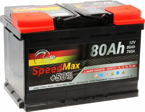 SPEED MAX Autobatterie +50% Blei-Säure 12V 80Ah 750A rechts 278x175x190 mm