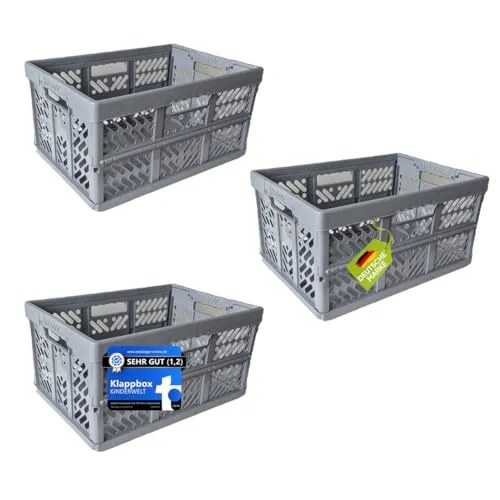 KiNDERWELT 3 x Robuste Profi - Klappbox 45 L bis 50 kg - Faltbox, Kiste, Korb zur Aufbewahrung, Transport - grau