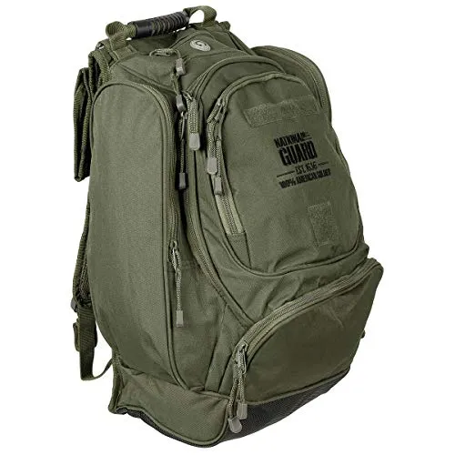 MFH US Nationalgarde Rucksack OD Grün - Robuster 40L Rucksack mit wasserfester Bauweise, ideal für Outdoor-Aktivitäten. Ausgestattet mit Laptop-Fach, mehreren Reißverschlusstaschen und ergonomischem Tragekomfort.