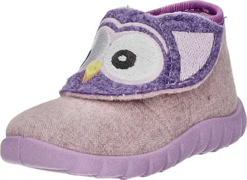 Hausstiefelette Kaltfutter Flexi - Lila Eulenkopf - Hausstiefelette Kaltfutter für Kinder, mit weicher textiler Decksohle und einem süßen Eulenkopf auf dem Klettverschluss. Ideal für gemütliche Stunden zu Hause!