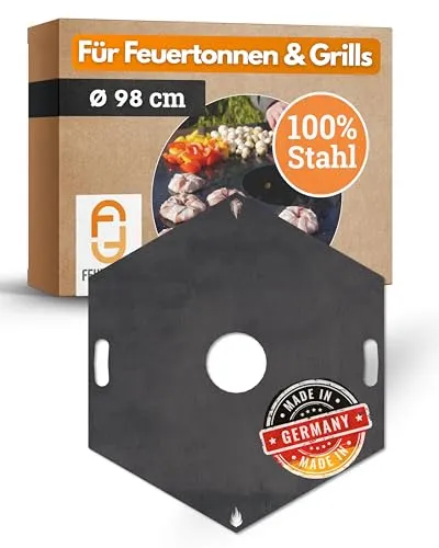 Feuerfest 123 Grillplatte eckig I Ø 98cm I Feuerplatte aus Feinkorn-Stahl I Massive Plancha-Platte mit 4mm Stärke I Grillaufsatz für Feuerschale, Feuertonne, BBQ-Grilltonne & Kugelgrill