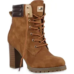 Mytrendshoe Damen Schnürstiefeletten Worker Boots Stiefeletten Block Absatz 812259, Farbe: Braun, Größe: 38 - Braun - 38