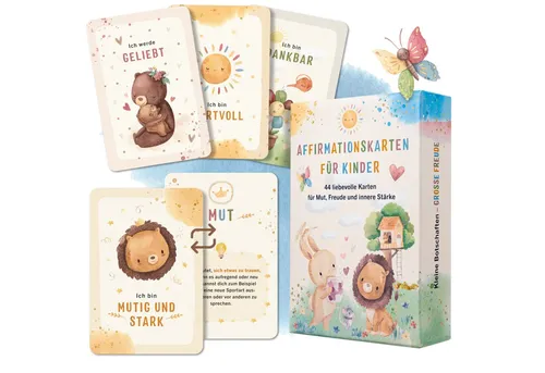 Eulentaler Geburtstagskarten I Affirmationskarten für Kinder I Für mehr Mut & Selbstvertrauen, 44 handgemalte Achtsamkeitskarten mit Erklärbuch und Übungen