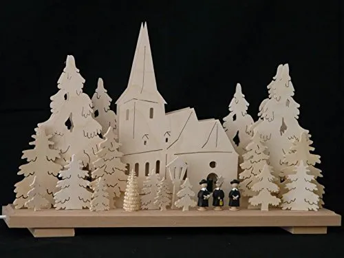 Rudolphs Schatzkiste Schwibbogen mit Kirche und Kurrende - Weihnachtlicher Zierschmuck, filigran verarbeitet aus Erzgebirge, mit beruhigendem Licht für eine gemütliche Atmosphäre. Maße: 50x32x7cm, ideal für festliche Dekoration.