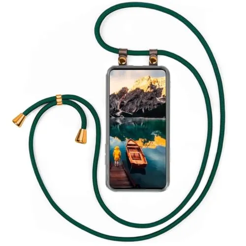 moex Handykette für Motorola Moto G8 Plus Hülle mit Band abnehmbar, Handyhülle mit Kette zum Umhängen, Handyband 155 cm lang Stoff Kordel Umhängehülle, Handy Umhängeband, Grün