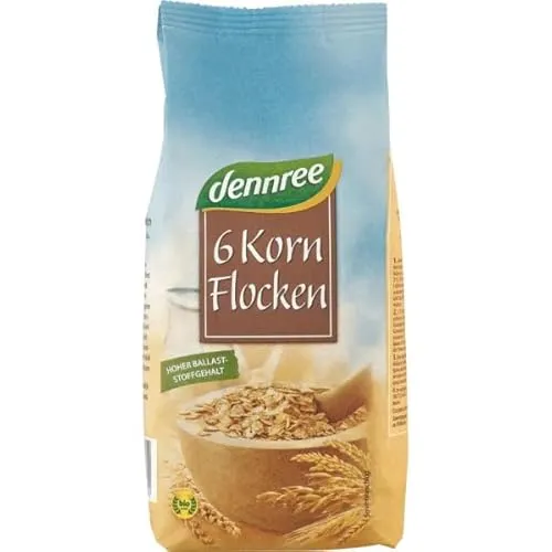 dennree Bio 6-Korn-Flocken 1er Pack (1 x 0,5 Kg) Hoher Balaststoffgehalt und reiner Genuss mit Hafer, Gerste, Weizen, Roggen, Dinkel und Reis
