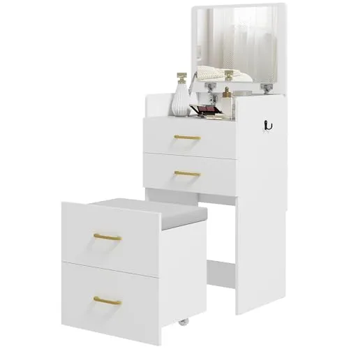 HOMCOM-Schminktisch mit Hocker – Platzsparendes 3-in-1 Design - Schminktische: Eleganter Schminktisch, Nachttisch und Hocker in einem kompakten Design. Mit aufklappbarem Spiegel und viel Stauraum für Ihre Beauty-Essentials.