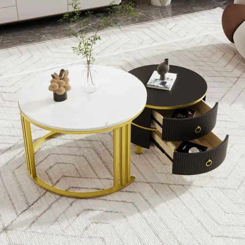 MODFU Couchtisch Set rund mit glänzender Platte und 2 Schubladen, Schwarz