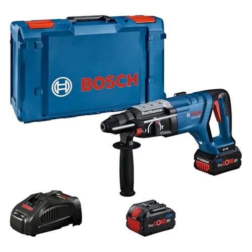 Bosch Professional 18V System Akku-Bohrhammer GBH 18V-28 D (KickBack Control, inkl. 2x GBA 18V 5.5Ah Akku, Ladegerät GAL 1880, Reinigungstuch, Zusatzhandgriff, Tiefenanschlag, XL-BOXX)