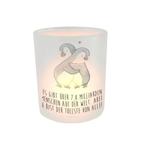 Mr. & Mrs. Panda Deko Windlicht Pinguine Kuscheln - Geschenk, Kerzenlicht, Hochzeitstag, Teelichtgläser, für Männer, Windlicht Glas, Jahrestag,