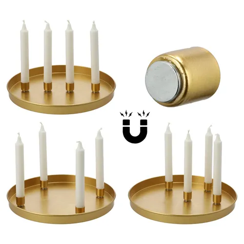 Kerzenteller Tablett Ø30cm Advent inkl 4 Magnethalter für Stabkerzen gold Magnet