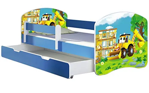 ACMA Kinderbett Jugendbett mit Einer Schublade und Matratze Blau mit Rausfallschutz Lattenrost II 140x70 160x80 180x80 (20 Bagger, 180x80 + Bettkasten)