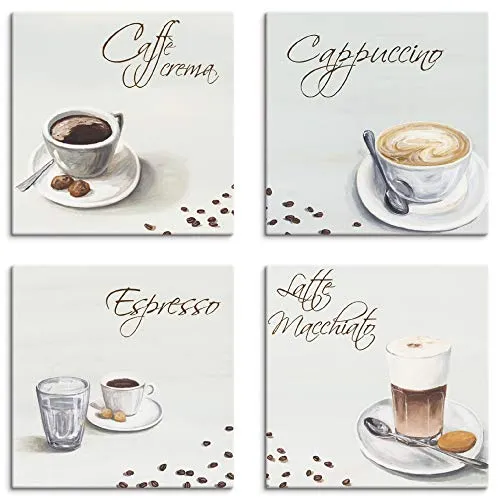 ARTLAND Wanddeko Küchenbilder Leinwand Bilder Set 4 teilig je 30x30 cm Quadratisch Kaffee Bilder Getränke Kaffee Cappuccino Espresso Latte Macchiato A6PT