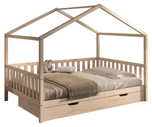Hausbett Kapua 140x200 mit Bettschublade aus massivem Kiefernholz - Modernes Hausbett für flexible Nutzung als Boden- oder Tagesbett. Inkl. praktischer Bettschublade und stabiler Verarbeitung für eine lange Lebensdauer.