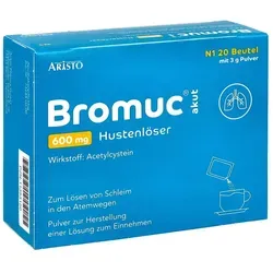 Bromuc akut 600mg Hustenlöser - Arzneimittel zur Linderung von Husten, löst zähen Schleim und erleichtert das Abhusten. Praktisch in Beuteln, geschmacklich anpassbar in jedem Getränk.