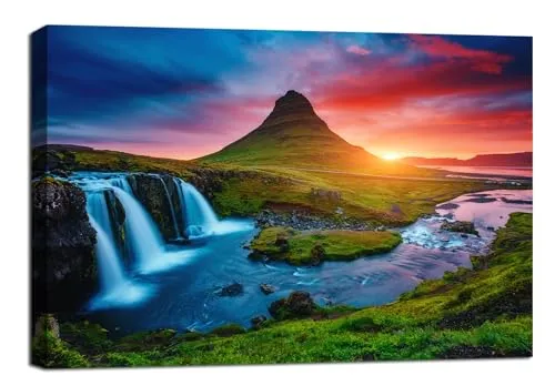 Visario Leinwandbild 120x80 cm 5040 Wasserfall Berge Natur Landschaft - Bild auf Leinwand fertig gerahmt Wandbild Wohnzimmer Schlafzimmer - Kunstdruck Wanddeko modern einteilig Holzrahmen Dekoration