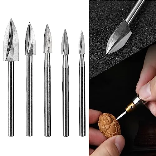 HPMAISON 5 Stück Holzschnitzwerkzeuge, HSS Gravierwerkzeug mit 3mm Schaft, Holz Gravierbohrer Schnitzmesser Set Rotationswerkzeuge Zubehoer für Holzbearbeitung