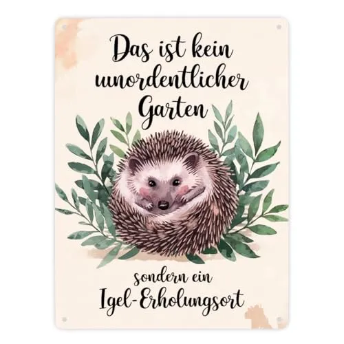 Igel-Erholungsort Metallschild XXL in 28x38 cm mit Blättern Lustige Gartendeko für Naturliebhaber mit Igelmotiv