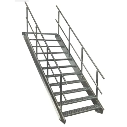 SRM Design 11 Stufen Stahltreppe mit beidseitigem Geländer Breite 80 cm Geschosshöhe 165-220cm feuerverzinkt robuste Außentreppe Wangentreppe stabile Industrietreppe für den Innen- und Außenbereich