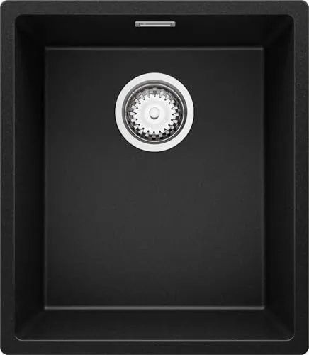 PRIMAGRAN Unterbauspüle Granit Schwarz 41x47cm, Spülbecken 1 Becken + Ablauf-Set, Granitspüle ab 45er Unterschrank - London S103