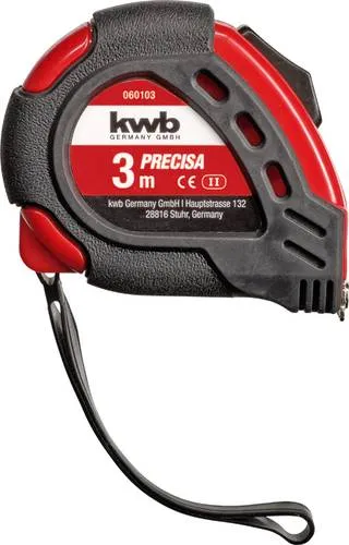 kwb PRECISA Band-Maß mit Maßband aus Stahl, 3 m, mit Hand-Schlaufe, inkl. Gürtel-Befestigung, mit Magnet-Haken, Maßband für Mess-Arbeiten im Holz-, Metall- und Trockenbau