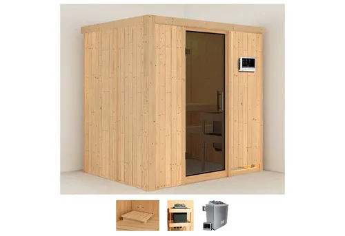 Karibu Sauna Bedine 196 x 151 x 198 cm mit 9 KW-Ofen - Innensauna mit 68 mm Wandstärke, für entspannende Wellnessmomente und gesundheitliche Vorteile, ideal zur Muskelentspannung und Hautreinigung.