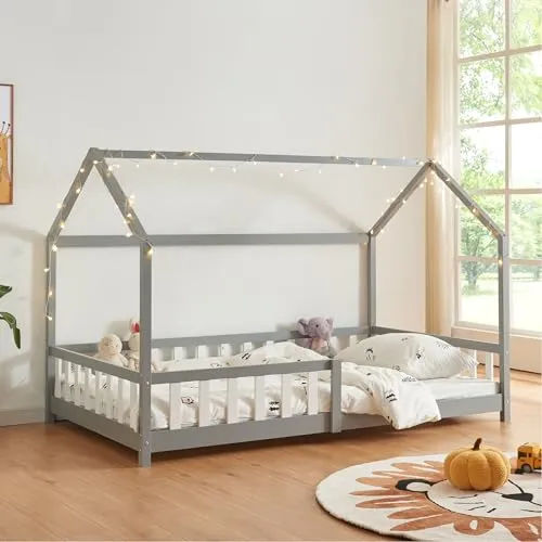 [en.casa] Kinderbett Hesel Hausbett Grau 140 x 200 cm mit Rausfallschutz - Kleinkindbett aus robustem Kiefernholz mit charmantem Hausdesign und effektiver Rausfallschutz für sicheren Schlaf. Ideal für kleine Abenteurer und vielseitig einsetzbar.