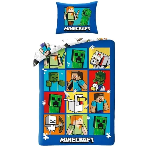 Halantex Minecraft Creepers Bettbezug 140x200 cm + Kissenbezug 70x90 cm - Entdecken Sie die perfekte Bettwäsche für Minecraft-Fans! Dieses 2-teilige Set aus 100% Baumwolle ist schadstoffgeprüft und maschinenwaschbar. Mit wendbarem Design für kreativen Schlafkomfort.