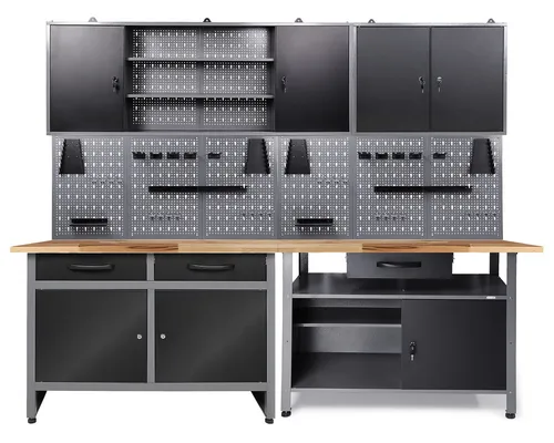Ondis24 Werkstatt Set 240cm mit 2 Werkbänken und 2 Werkzeugschränken - Praktisches Werkstatt Set für effizientes Arbeiten: 2 stabile Werkbänke, 2 abschließbare Werkzeugschränke und zahlreiche Aufbewahrungslösungen. Ideal für Werkstätten und Hobbyräume.