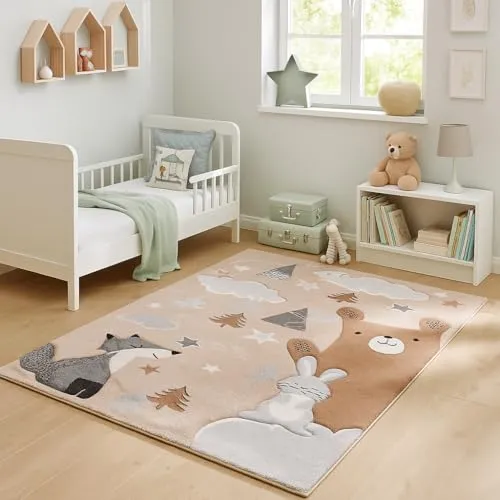 Pergamon Kinderzimmer Teppich Kurzflor Maui Kids Fuchs und Bär Grau Beige in 5 Größen