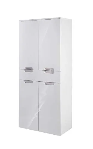 Schildmeyer Badschrank Mars 700861 - Hochglanz Weiß, Flexibel Hängend oder Stehend - Bad-Hochschrank mit 4 Türen und 1 Schublade, ausgestattet mit Soft-Close-Funktion und höhenverstellbaren Einlegeböden. Ideal für vielseitigen Stauraum in Ihrem Badezimmer.