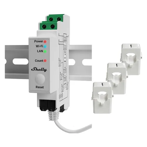Shelly Pro 3EM 120A v2 - Hutschienen-Stromzähler mit 3 Klemmen - Praktischer Hutschienen-Stromzähler mit hoher Präzision. Ideal für die Überwachung des Energieverbrauchs in professionellen Anwendungen. Inklusive 3 Klemmen für einfache Installation.