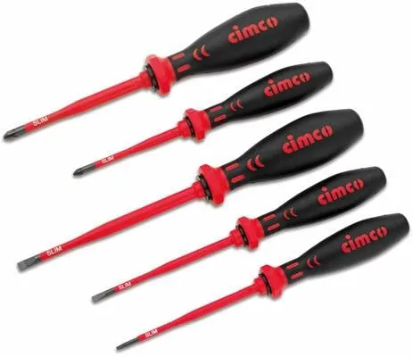 Cimco Schraubendreher-Set VDE 11 7850 - 5-teiliges VDE Schraubendreher-Set, isoliert bis 1.000 V, mit schmaler Klingenisolation für optimale Erreichbarkeit von tief liegenden Schrauben. Ergonomische Griffe, ideal für Elektriker und sicher in der Anwendung.