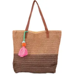styleBREAKER Damen Bast Strandtasche mit Reißverschluss - Damen-Shopper mit großzügigem Format (45 x 13 x 46 cm) und sicherem Reißverschluss, ideal für Strand und Shopping. Stilvolles zweifarbiges Design mit Quaste bringt Boho-Charme in deinen Sommer!