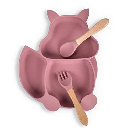 Baby Teller Schüssel,Baby Essen Geschirr Set Mini Silikon Tischset für Baby Teller Baby rutschfest Babyteller mit Saugnapf Kinderteller mit Saugnapf- BPA freies(Eichhörnchen-Rosa)