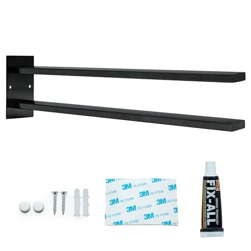 Intirilife Handtuchhalter aus Edelstahl zum Kleben und Bohren in Schwarz - 40x10x6 cm - 2-armige Halterung für Handtücher Gästetücher Stange Wandmontage Bad Küche inkl. Montagezubhör
