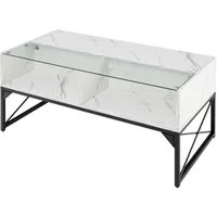 Costway LED Couchtisch Marmor Optik Weiß - Eleganter LED-Couchtisch in Marmoroptik mit anpassbarer Beleuchtung. Ideal für stilvolle Wohnzimmer, bietet Stauraum und eine robuste Bauweise. Bringen Sie Farbe und Atmosphäre in Ihr Zuhause!