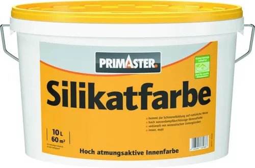 Primaster Silikatfarbe 10 L weiß stumpfmatt - Wandfarbe mit hoher Deckkraft, atmungsaktiv und ideal für gesunde Raumluft.