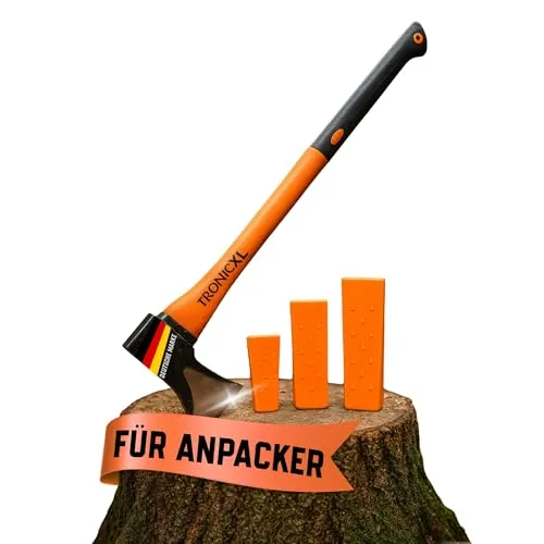TronicXL Fiberglas Spaltaxt 2000g - Scharfe Axt für effizientes Spalten und Fällen - Äxte - Hochwertige Fiberglas Spaltaxt mit scharfer Schneide und ergonomischem Griff, inklusive 3 Fällkeilen für müheloses Arbeiten im Wald.
